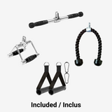 Poignées incluses avec le rack Murph Tana – barre droite, triangle rowing, corde triceps, poignées D-handle